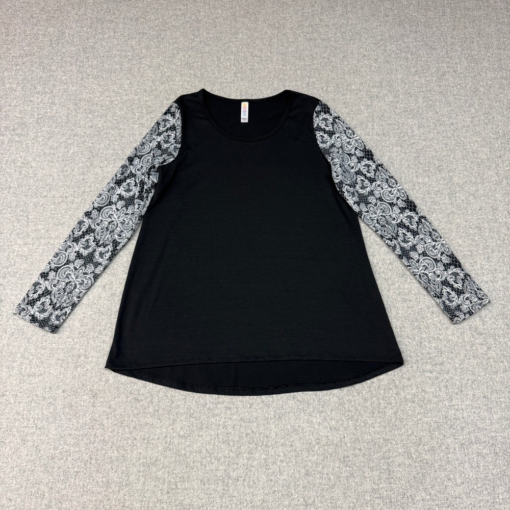 LuLaRoe Tunic Top Medium Black White Lace Print Sleeve High Low Hem Raglan Shirt